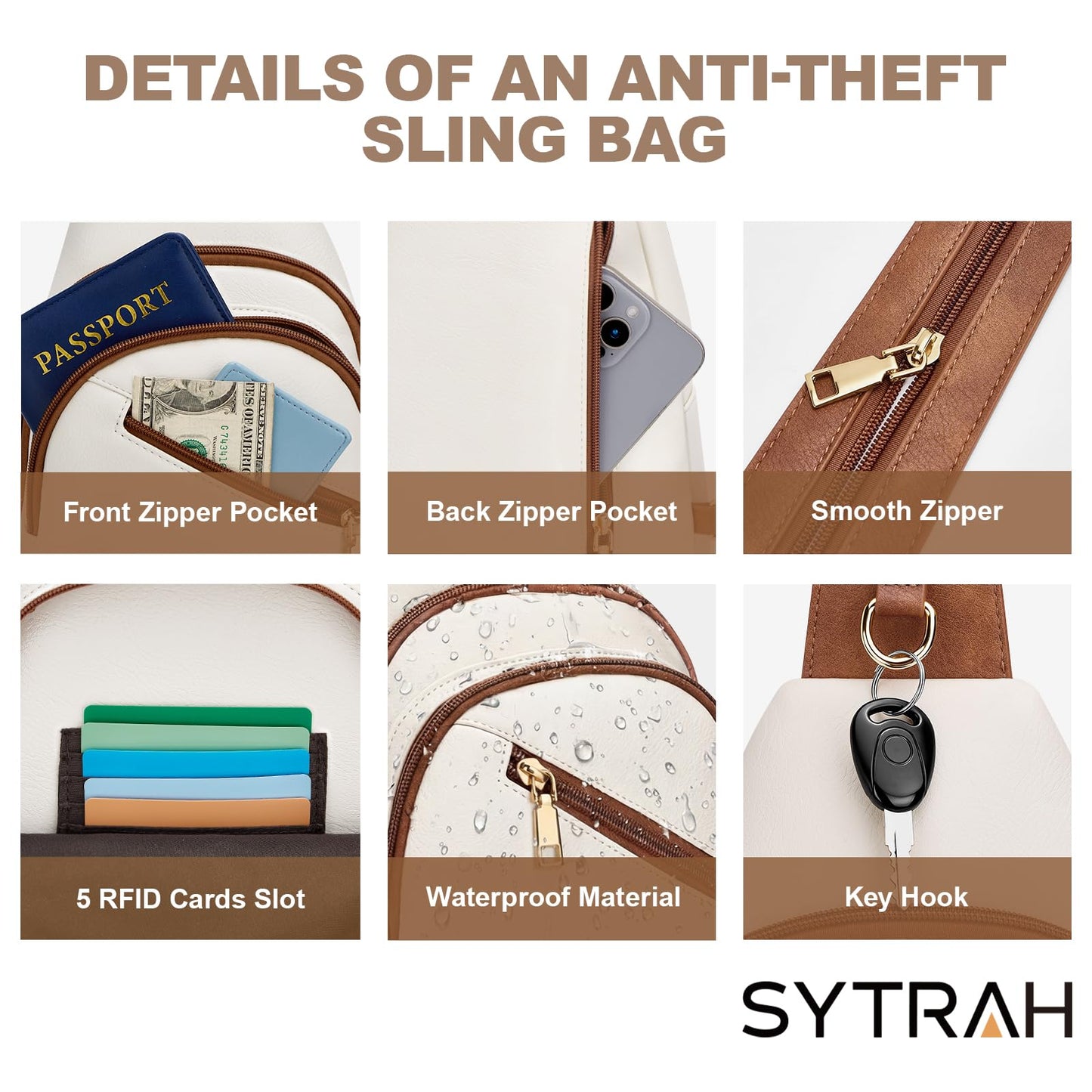 SYTRAH Anti Theft Sling Bag for Women, RFID Crossbody Purses Convertible Sling Backpack, Cross Body Purse Chest Bag for Travel Daily Use Beige Brwon