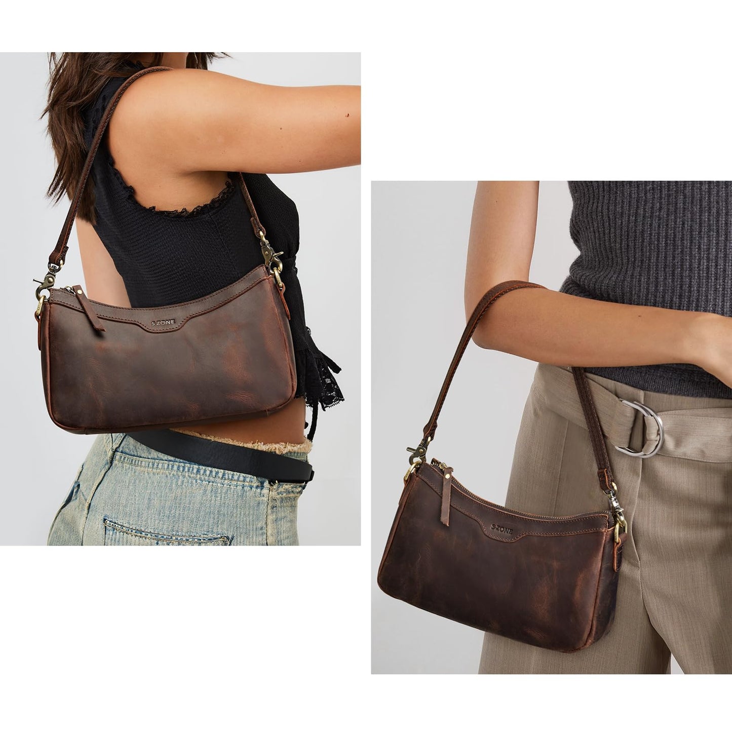 S-ZONE Leather Shoulder Bag for Women Small Crossbody Bags Hobo Purses with 2 Straps