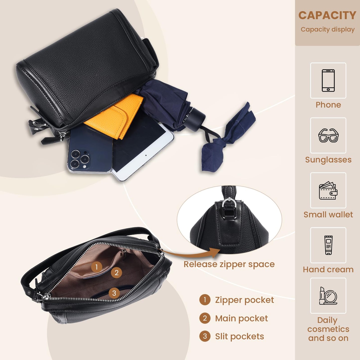 Rosvovo Genuine Leather Purse for Women with Top Handle，Leather Satchel purse Crossbody Bags Handbag with Adjustable Strap Black