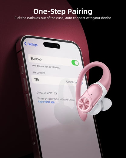 PocBuds Bluetooth Headphones Wireless Earbuds 80hrs Playtime Wireless Charging Case Digital Display Sport Ear Buds with Earhook Deep Bass IPX7 Waterproof Over-Ear Earphones for Phone Laptop Rose Gold