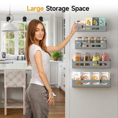 4 Pack Magnetic Spice Rack for Refrigerator, Spice Rack Organizer, Moveable Magnetic Shelf Fridge Organizer with 4 Hooks for Kitchen and Oven Organization, Black