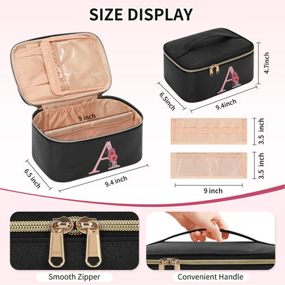 OCHEAL Initial Makeup Bag,Monogram Make up Bag Black Travel Makeup Organizer Case Beauty Toiletry Cosmetic Bag with Brush Holder, Trendy Stuff Personalized Gifts for Women and Girls-A