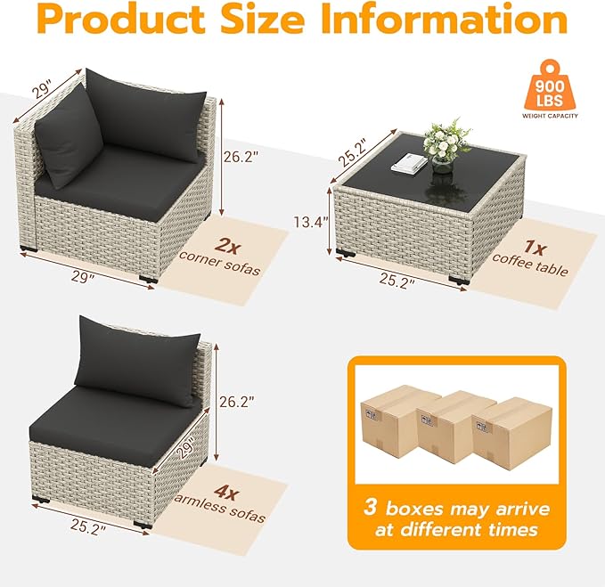 UDPATIO Outdoor Patio Furniture Set, 7-Piece Modular Sectional Sofa with Tea Table, PE Wicker Outdoor Conversation Set for Patio, Garden, Backyard Black