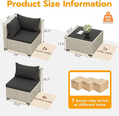 UDPATIO Outdoor Patio Furniture Set, 7-Piece Modular Sectional Sofa with Tea Table, PE Wicker Outdoor Conversation Set for Patio, Garden, Backyard Black