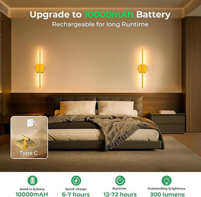 10000mAh Battery Operated Wall Sconce Detachable, Wireless Wall Lamp 3000-6500K Dimmable, Rechargeable Wall Light for Bedroom, Living Room, 28.3" Gold (4 Pack)