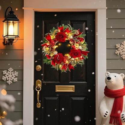 Christmas Wreaths for Front Door–24Inch Outdoor Christmas Door Wreath with Lights,Classic Xmas Wreath with Pinecone,White Berries and Silver Ornaments Design, Holiday Outdoor Wreaths Decor