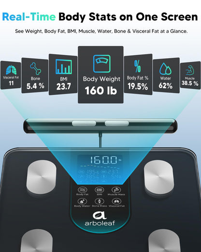 Arboleaf Smart Scale for Body Weight, 8-Electrode Dual-Frequency BIA Digital Bathroom Scale, 7-in-1 Display for BMI, Body Fat & Muscle Mass, 50+ Metrics in App, Body Composition Analyzer