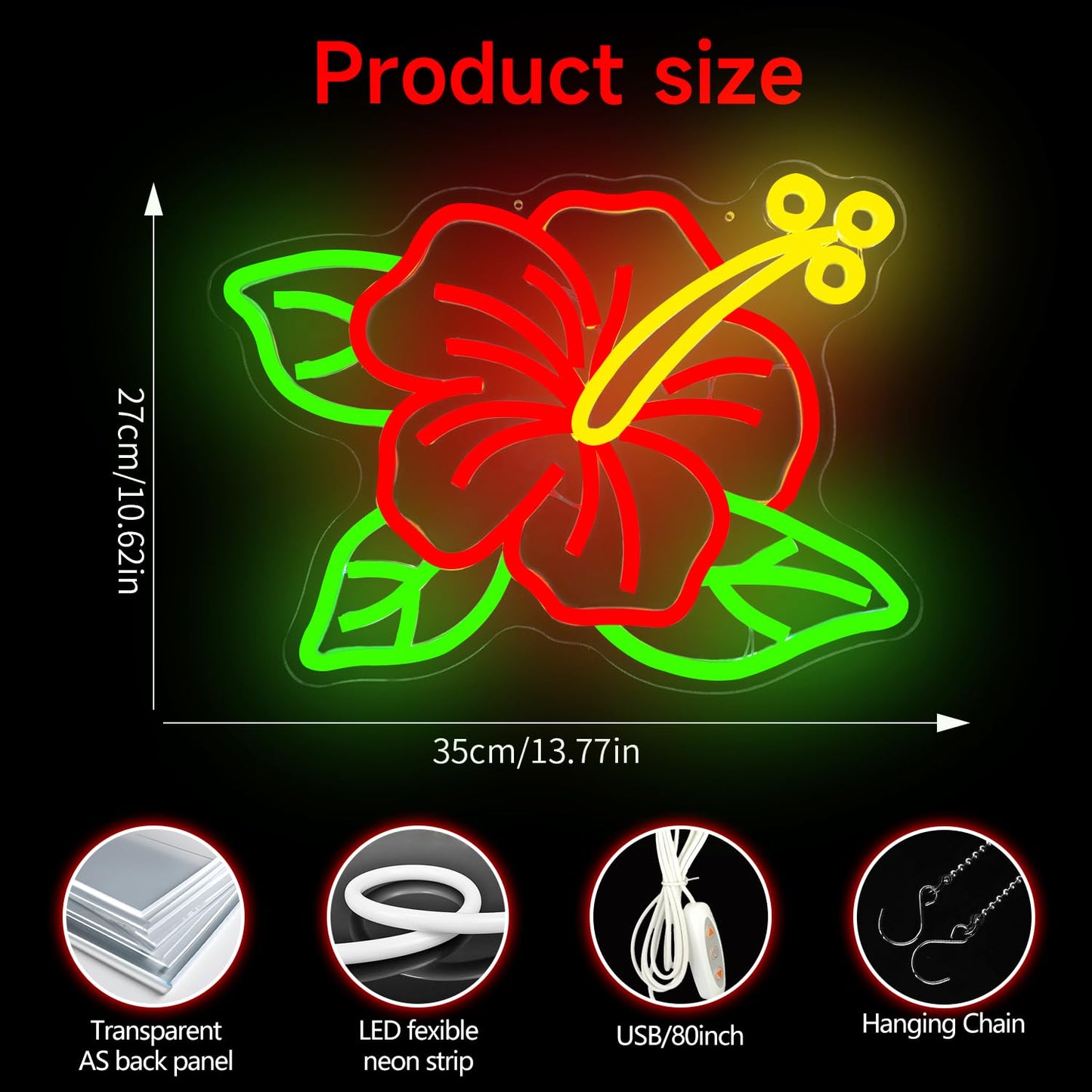 Hibiscus Neon Sign for Wall Decor Hawaiian Flowers Neon Light Dimmable Led Signs Tropical Light Up Sign for Luau Party Decorations Pool Beach Summer Bedroom Classroom Garden Bar Tiki Room Wall Art