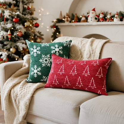 Auomily Soft Chenille Christmas Pillow Covers 18x18 Set of 2, Reversible Snowflake & Tree Pattern, Thick & Cozy Farmhouse Holiday Cushion Cases with Hidden Zipper for Sofa Couch Bed(Green,18x18)