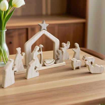 NEROSUN Nativity Scene Set, 13Pcs Wooden Christmas Nativity Scene Miniature Holy Family Figurines, Minimalism Boho Tabletop Christmas Manger Decorations for Christan Indoor Home Mantel Display