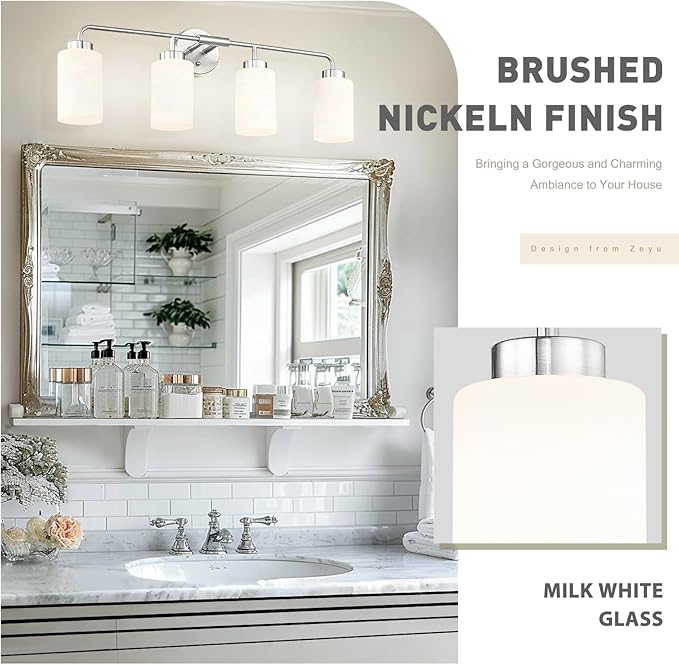 zeyu Brushed Nickel Bathroom Vanity Light, 4-Light Modern Wall Sconce Lights, Milky White Frosted Glass Shades, ZS62B-4W BN