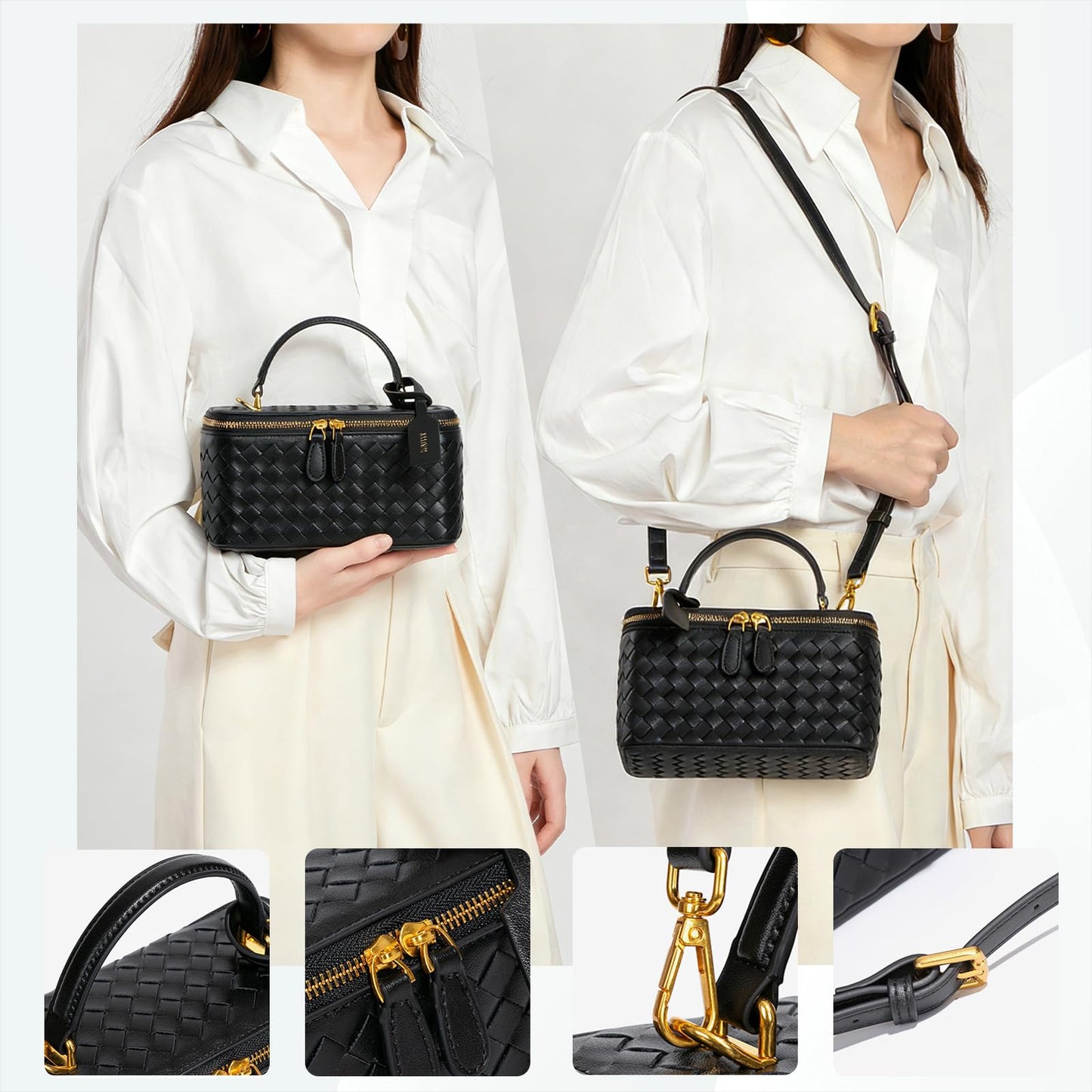 AOOPNE Woven Box Crossbody Purse For Women, Trendy Vegan Leather Shoulder Handbags with Adjustable Strap (Black)