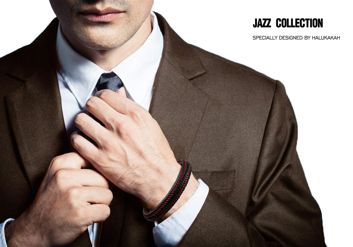 Halukakah ● Jazz ● Men's Genuine Black Leather Bracelet Black Titanium Magnetic Clasp 8.5" Free Giftbox (Maserati Red 8.5 inches)