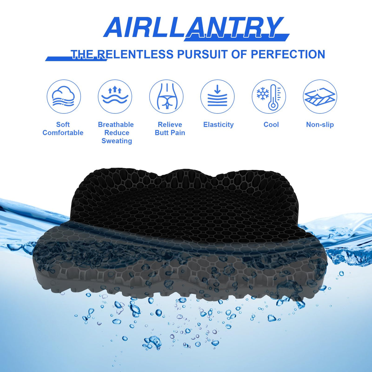 Airllantry Thicken 19.7in Seat Cushion, Gel Seat Cushion for Long Sitting–Office Chair, Wheelchair, Car Cushion, Large Cooling Pad for Back Pain, Sciatica, Tailbone Pain Relief