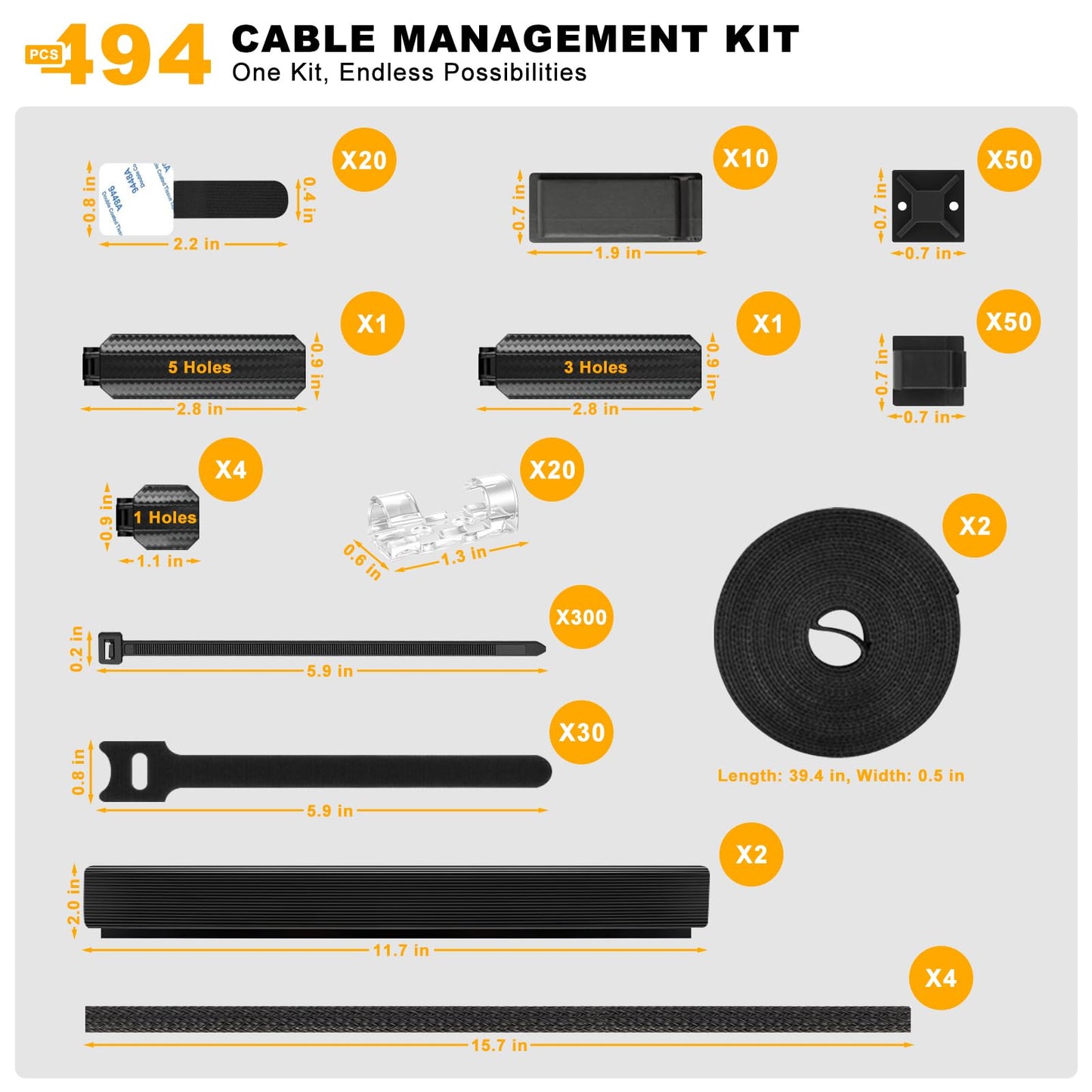494 PCS Cable Management Kit - 4 Cable Sleeve Split, 2 Cable Organizer, 130 Adhesive Cable Clip, 6 Cable Holder, 2 Roll Cable Organizer Strap, 300 Cable Tie with 50 Mount, for Computer TV Under Desk