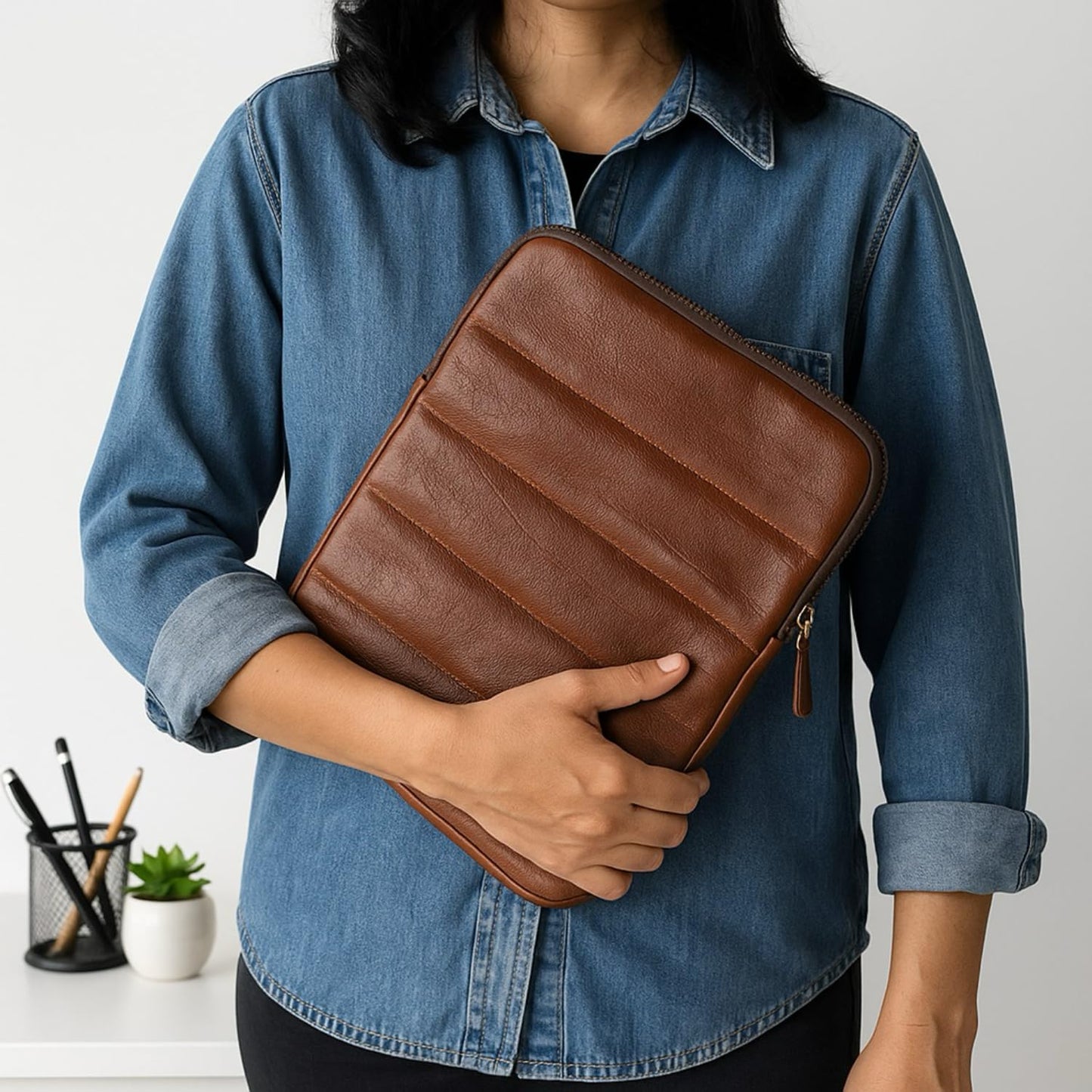Genuine Leather – The Original Puffy Tablet Sleeve 9–11 Inch Case, Leather Air Pouch for Women & Men, Fits 9th/10th Gen, Pro 11", Air 10.9" + Magic Keyboard (Saddle Brown)