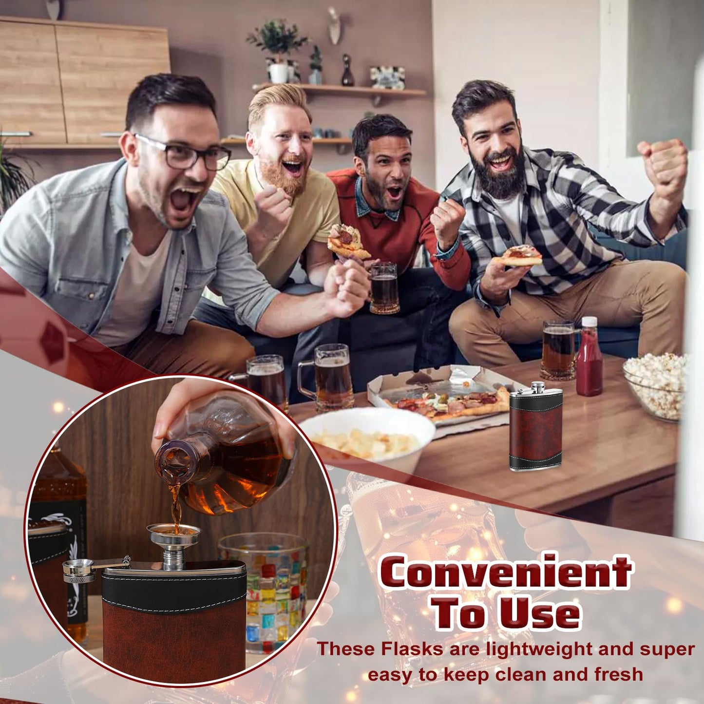PercyEffie 6 Pcs Liquor Flask, Hip Flasks 8 oz Metal Flask with Funnel, Leak Proof Pocket Flask in Dark Brown Leather Strap Design for Men Women (3.7 x 5.5 Inches)