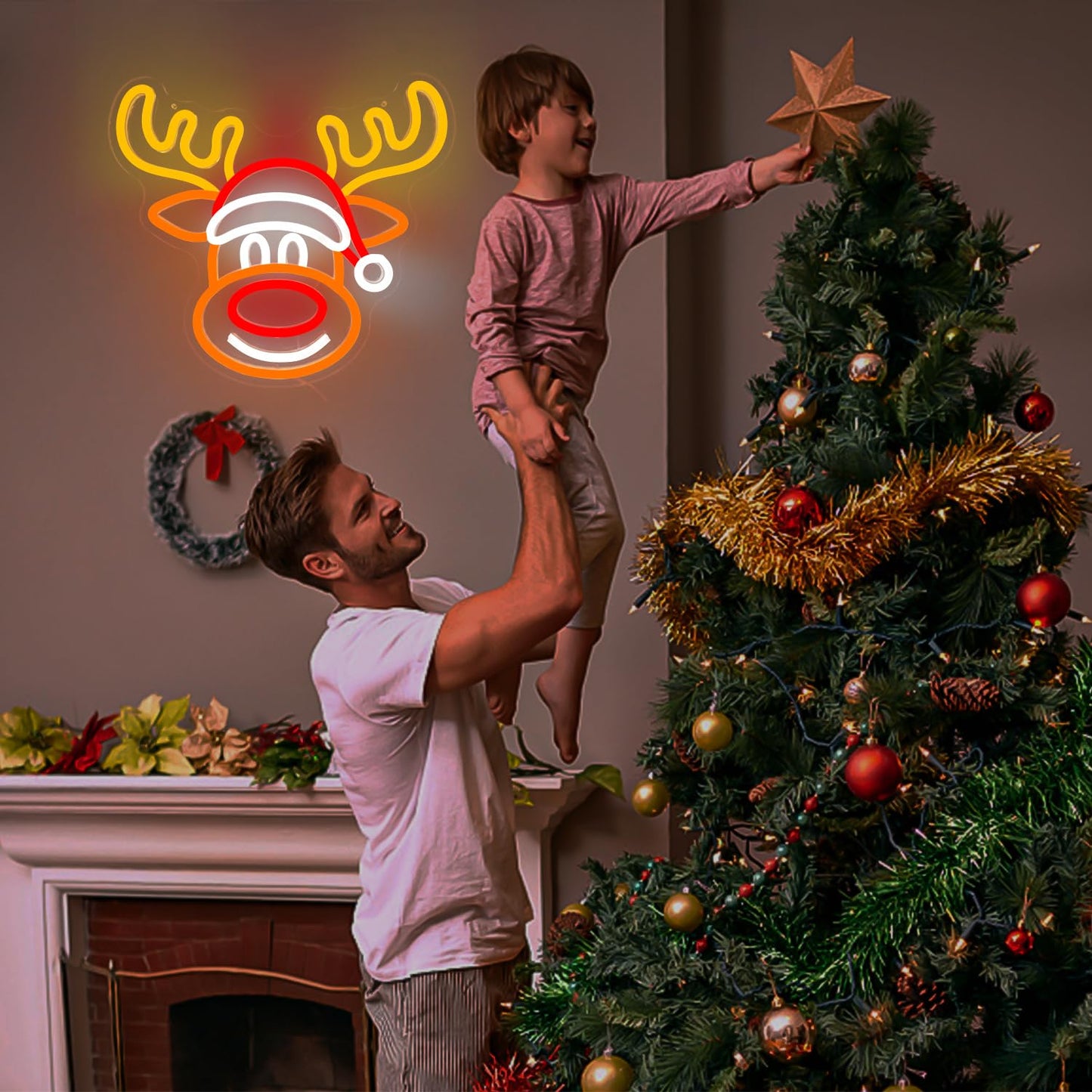 Vveikea Christmas Neon Sign Elk Neon Lights Christmas Deer Led Sign Dimmable Reindeer Neon Window Lights Xmas Light Up Sign for Wall Decor