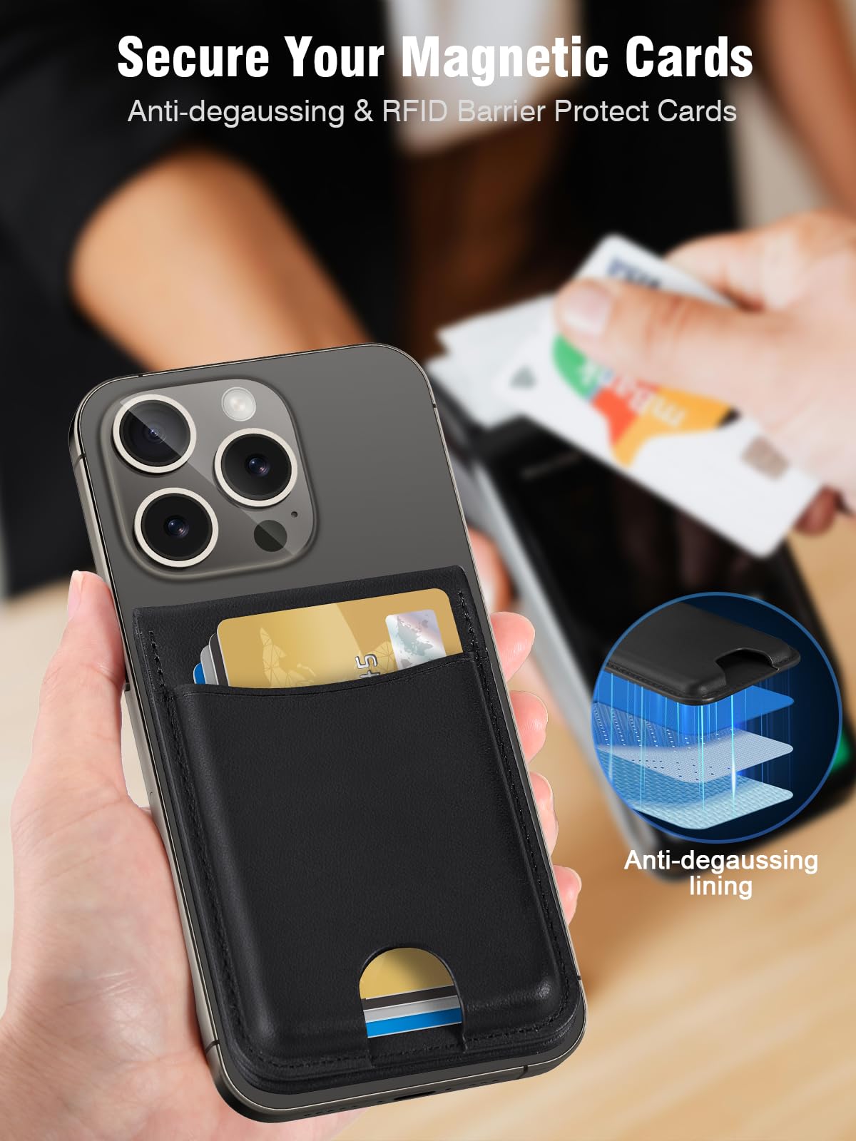 TopMade for MagSafe Wallet with Adjustable Stand, Magnetic Phone Card Holder for iPhone 17/16/15/14/13/12 Series, RFID Blocking Leather, ID Window, Holds 6 Cards, Black