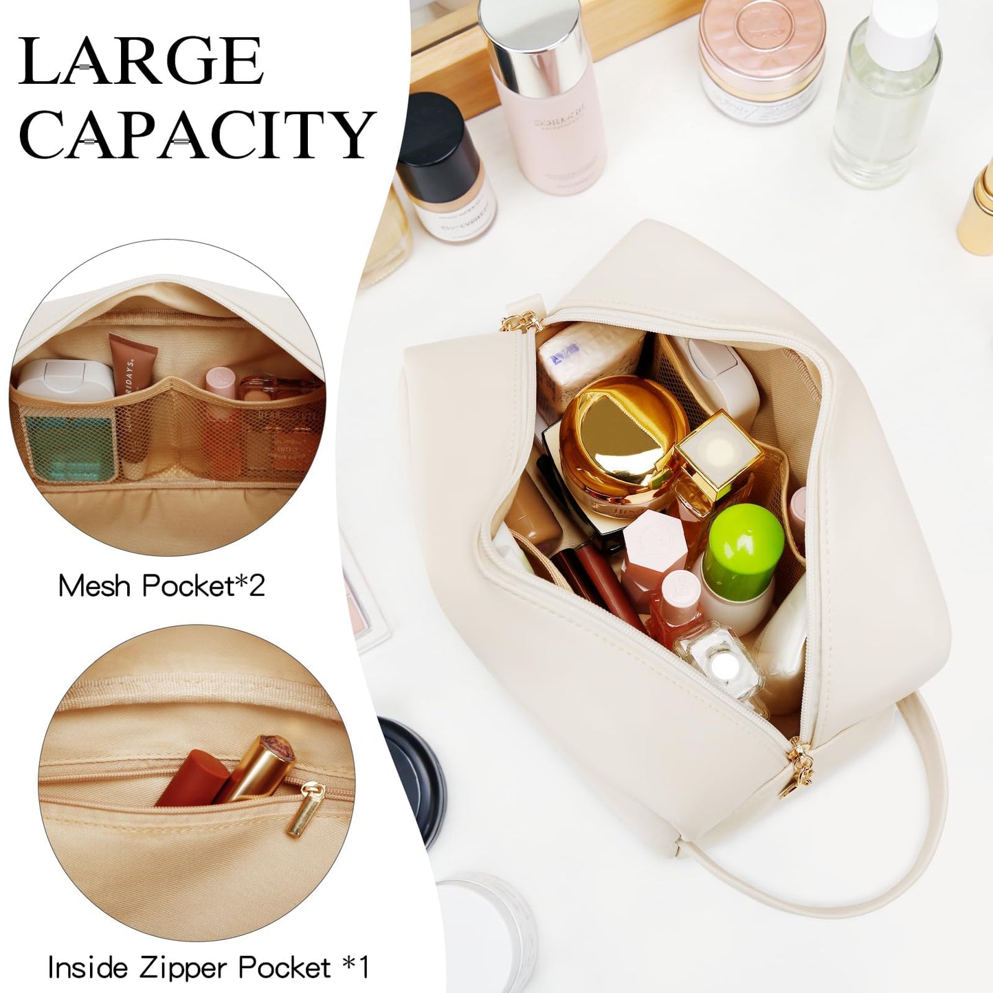 CLOUDWINGS Personalized Gifts for Women Girls - Customized Gifts for Mom Bridesmaid Graduation Friend, Initial Makeup Bag Cosmetic Bag with Large Capacity, PU leather Travel Toiletry Bags (Beige, E)