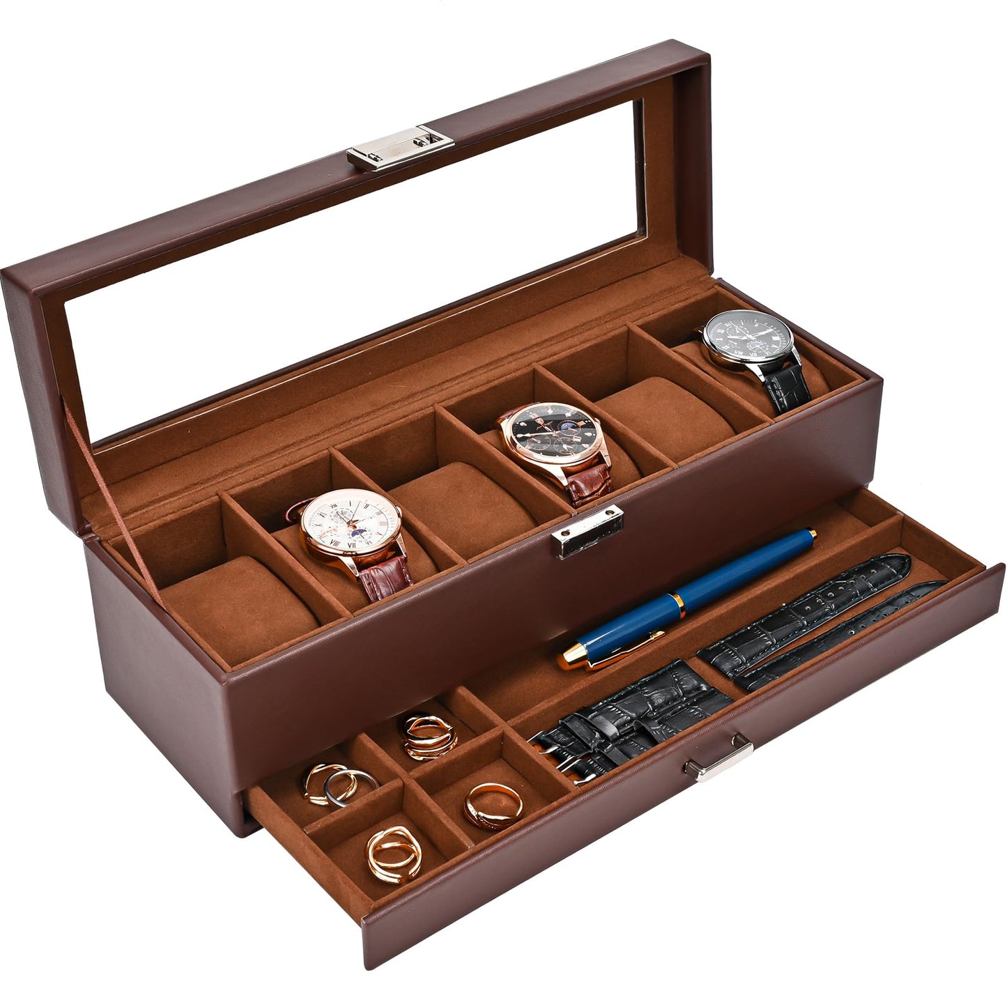 ProCase Watch Box, Fathers Day Gift for Dad, 6 Slot Watches Display Case with Drawer, Mens Watch Case with Glass Lid, 2-Layer Mens Jewelry Organizer Storage Holder -6 Slot, Espresso