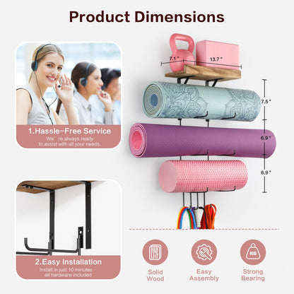VINAEMO Yoga Mat Holder Accessories Wall Mount Organizer Storage Decor Foam Roller and Towel Storage Rack with 4 Hooks and Wooden Shelves Yoga Mats Rack Resistance Bands for Home Gym School Office