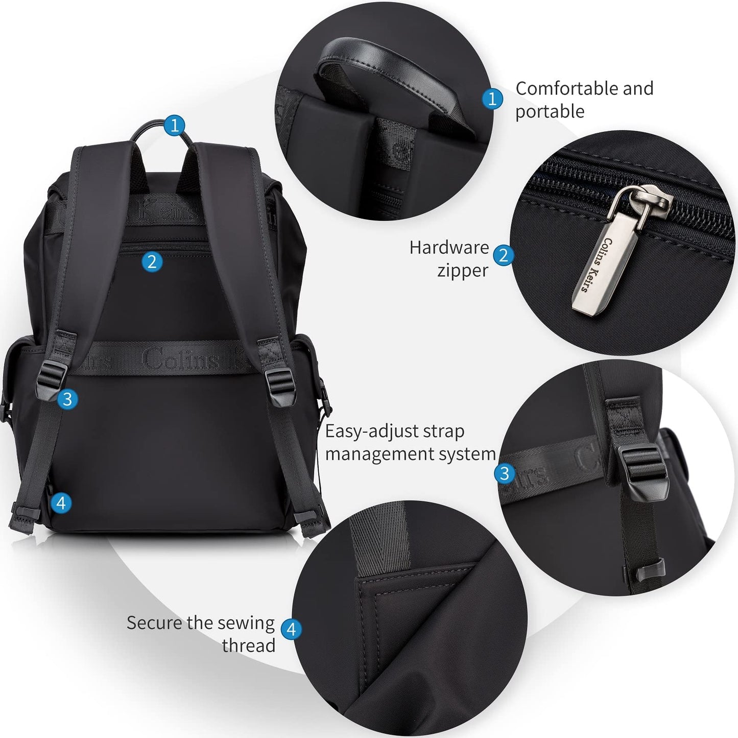 Colins Keirs Black Backpack for Men, 16 Inch Laptop Backpack with Computer Compartment, Slim Waterproof Drawstring Tech Backpack for Travel, Work, College & Daily Use