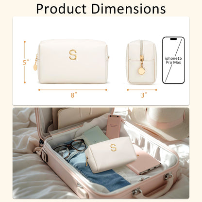 CLOUDWINGS Gifts for Women Bridesmaid Gifts Personalized Initial Makeup Bag PU Leather Cosmetic Waterproof Travel Toiletry Bag (Beige S)