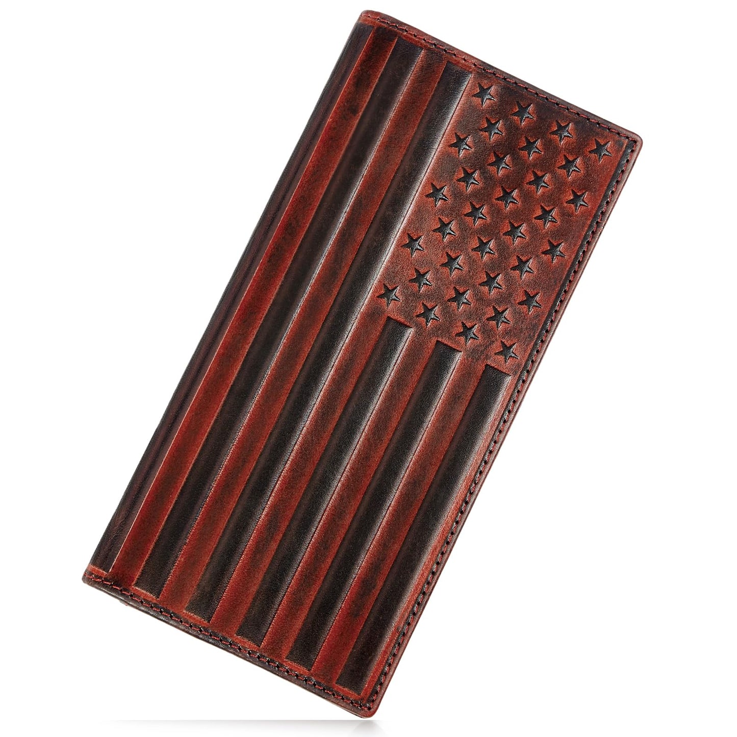 Pefiam Long Wallet for Men Leather, Mens Checkbook Wallet Rodeo, Large Western Cowboy Wallet Bifold, RFID Blocking, Gift for Men (American Flag, Brown)