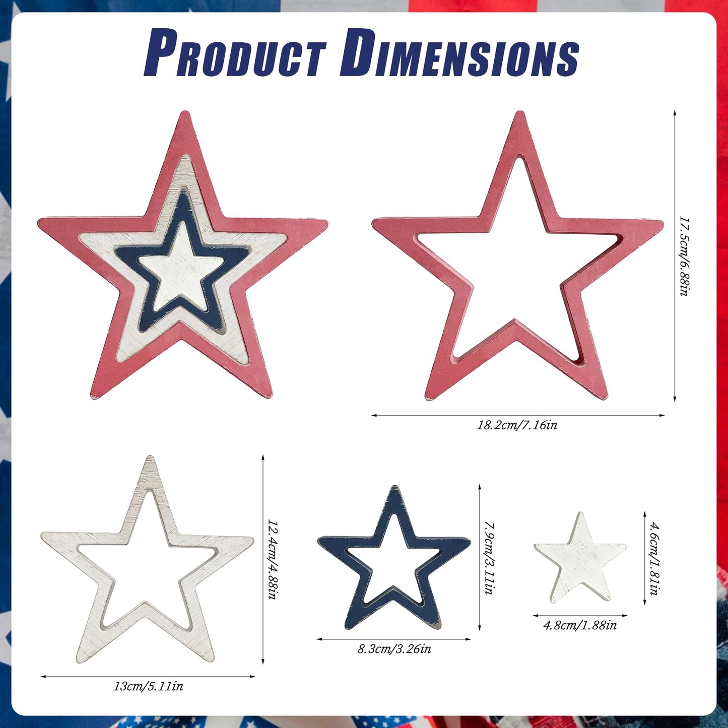 AOCEAN 4th of July Decorations Wooden Stars Set of 4, Red White Blue Stars Decorations, Retro Patriotic Memorial Independence Day Star Decor for Home Office Table Centerpieces Shelf