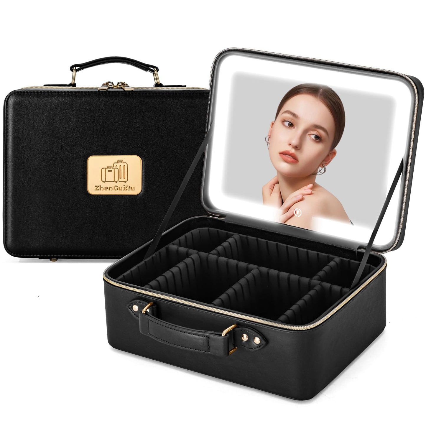 Gdsshuhung Upgraded Makeup Bag with LED Mirror, Travel Makeup Bag with Compartments, Waterproof Cosmetic Travel Bag, Portable Makeup Case Organizer with Lighted Mirror & Brush Storage (Black)