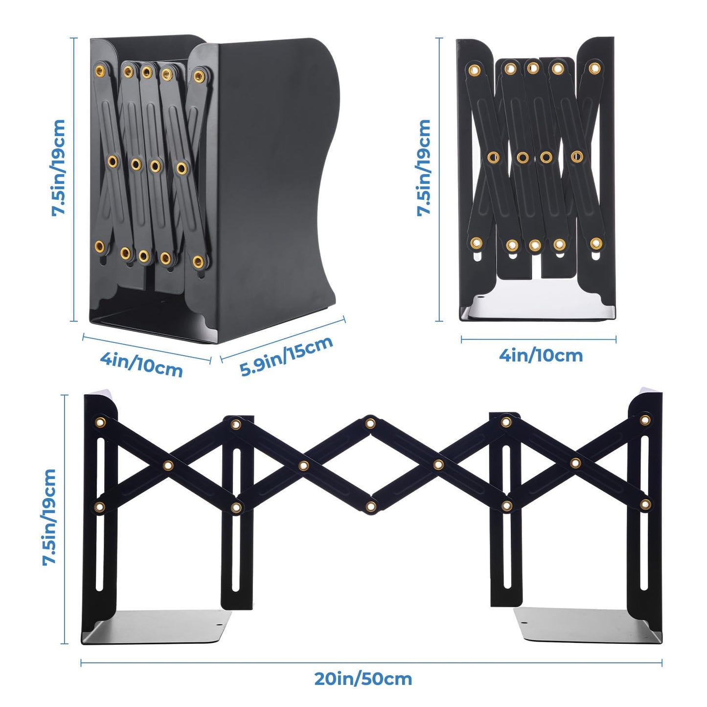 M&G Adjustable Bookends Book Ends for Shelves, Metal Bookend for Heavy Books, Desk Magazine File Organizer Holder Extends up to 20in, Book Stopper for Home, Office, Classroom (Black)