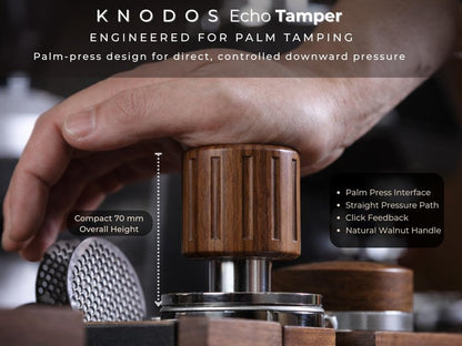 KNODOS Echo Self Leveling Espresso Tamper 54mm with Walnut Handle – 30lb Calibrated Spring Loaded Tamper Tool & Click Feedback for Breville Barista Express, Bambino Plus, Pro, Touch