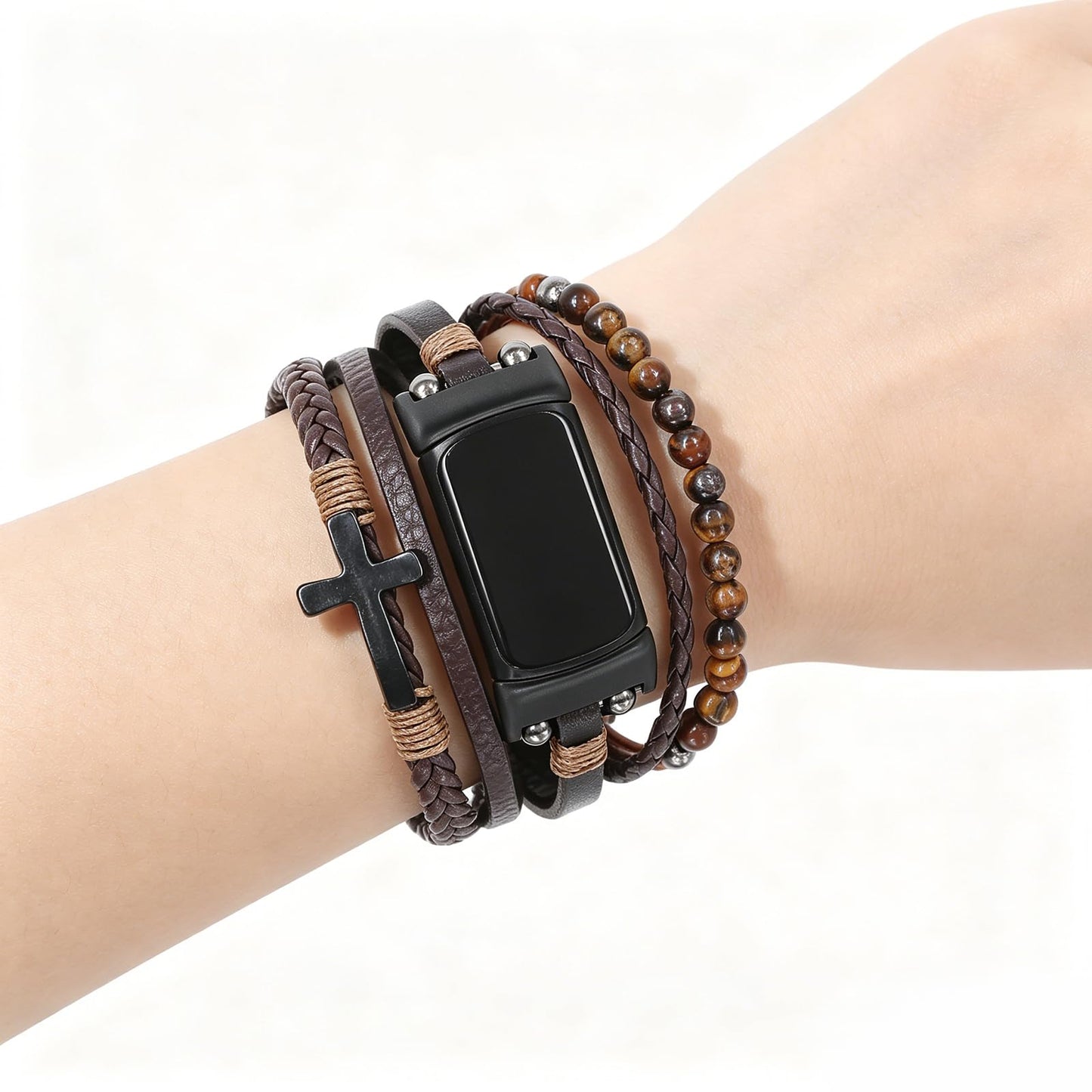 YOSWAN Boho Bracelet Compatible with Fitbit Charge 6 Bands/Charge 5 Bands for Women Men, Dressy Beaded Handmade Multilayer Wrap Leather Strap for Fitbit Charge 5/6 Watch (Brown/Black)