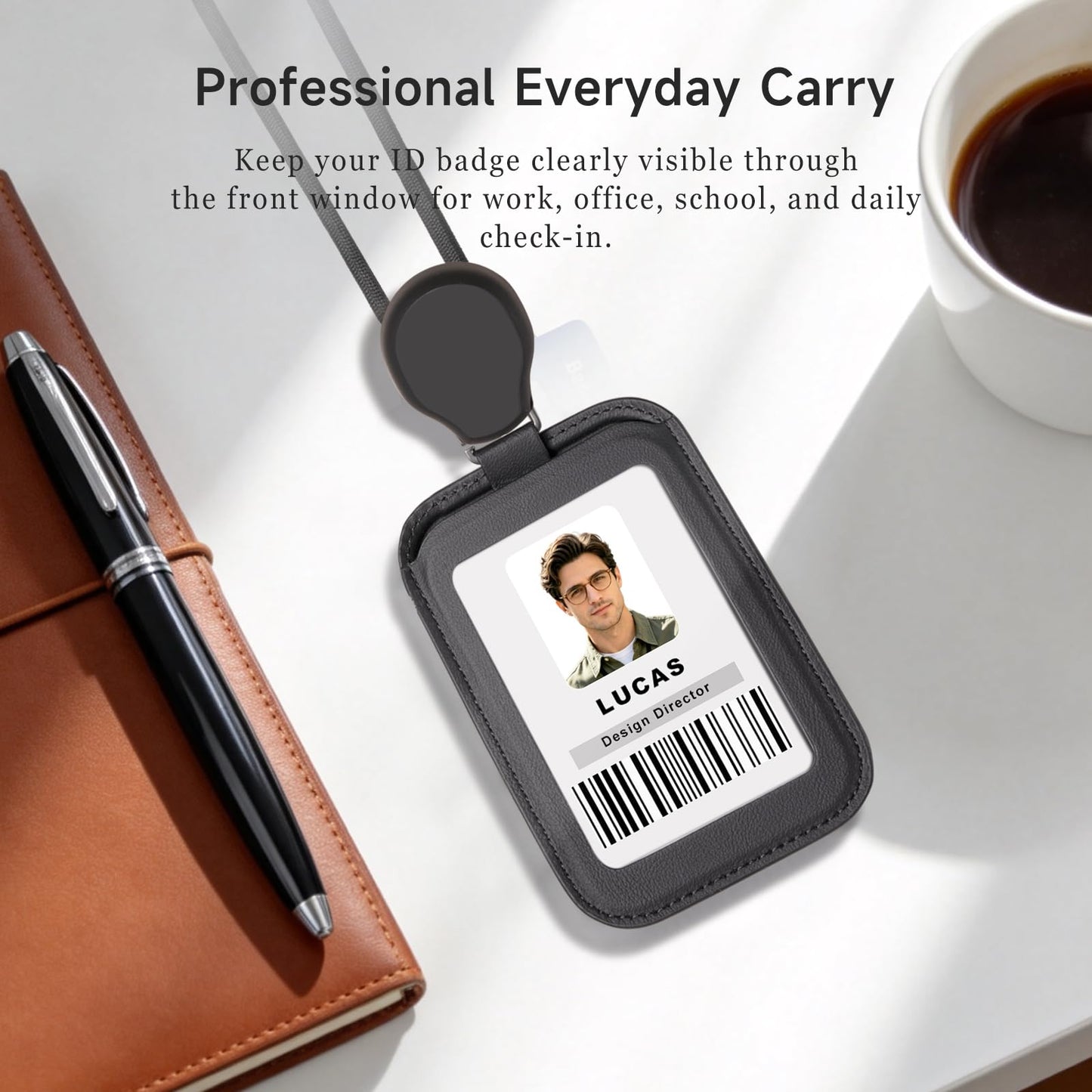 YTXFY Premium Leather ID Badge Holder, Slim Card Wallet with Clear Window, Vertical or Horizontal Wear for Work Badge, Access Card, Office, School, Nurse, Teacher