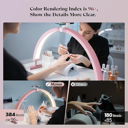 Nail Light for Desk, 30'' LED Half Moon Lamp for Nail Techs, Manicure and Handicraft, Adjustable Color Modes and Brightness, with Phone Holder (Pink)