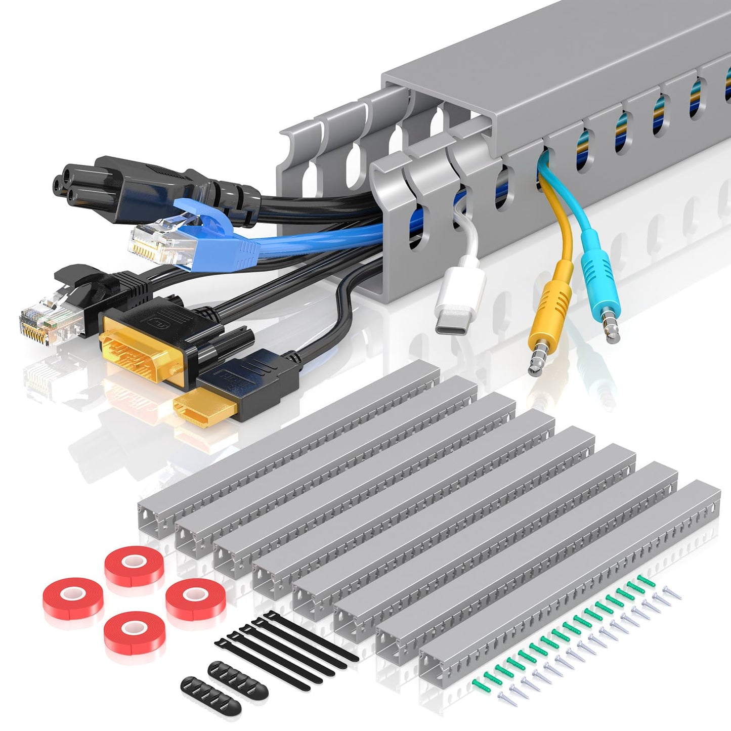 Open Slot Wire Duct Kit, 125.6"(8 x 15.7) Server Rack Cable Management, Cable Management Raceway for Hide Network HDMI VGA Cable, Wiring Raceway Cable Duct, Desk Wire Channel, 8 Pack, Grey