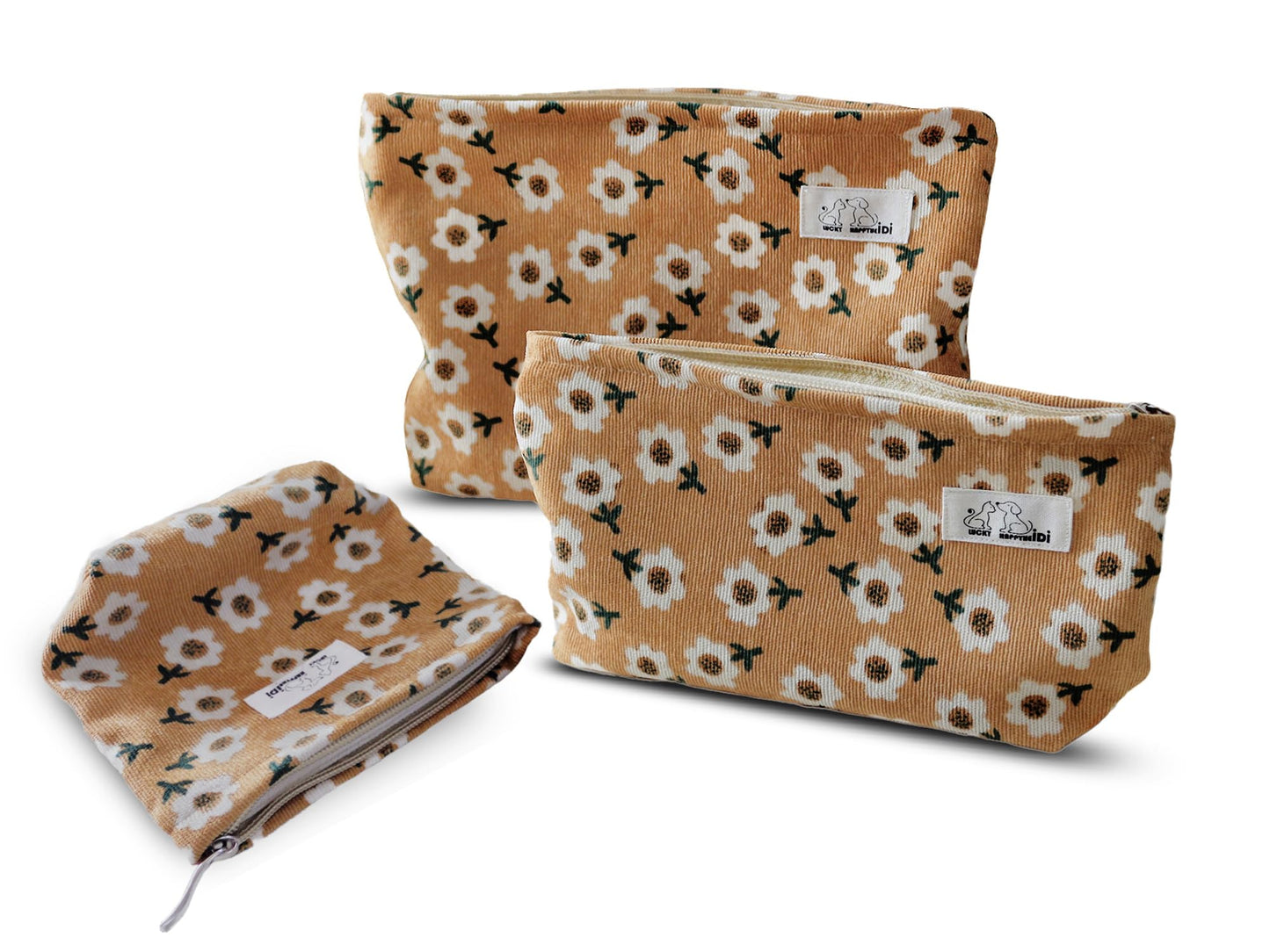 HAPPYHEIDI Floral Makeup Bag Set 3 Cosmetic Toiletry Organizer Zipper Pouch for Purse Tote, Women Girls Gift, Large Medium Small, Kihaki Brown Corduroy