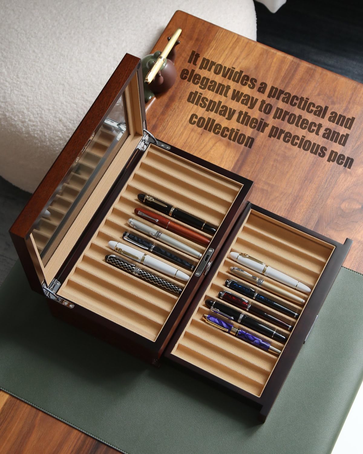 Bonaking Pen Display With 24 Slots, Wood Storage Organizer, Glass Window Box for Men Gift (Brown Ash Veneer Finish, Camel Velvet)