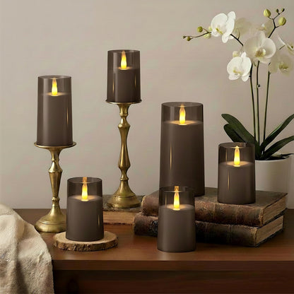 Raycare Flameless Electronic Pillar Candles with Remote Control and Timer- Battery Operated Realistic Flickering LED Fake Candle for Home, Wedding, Valentine's Day Decor, Grey,Set of 3(3"x4"5" 6")