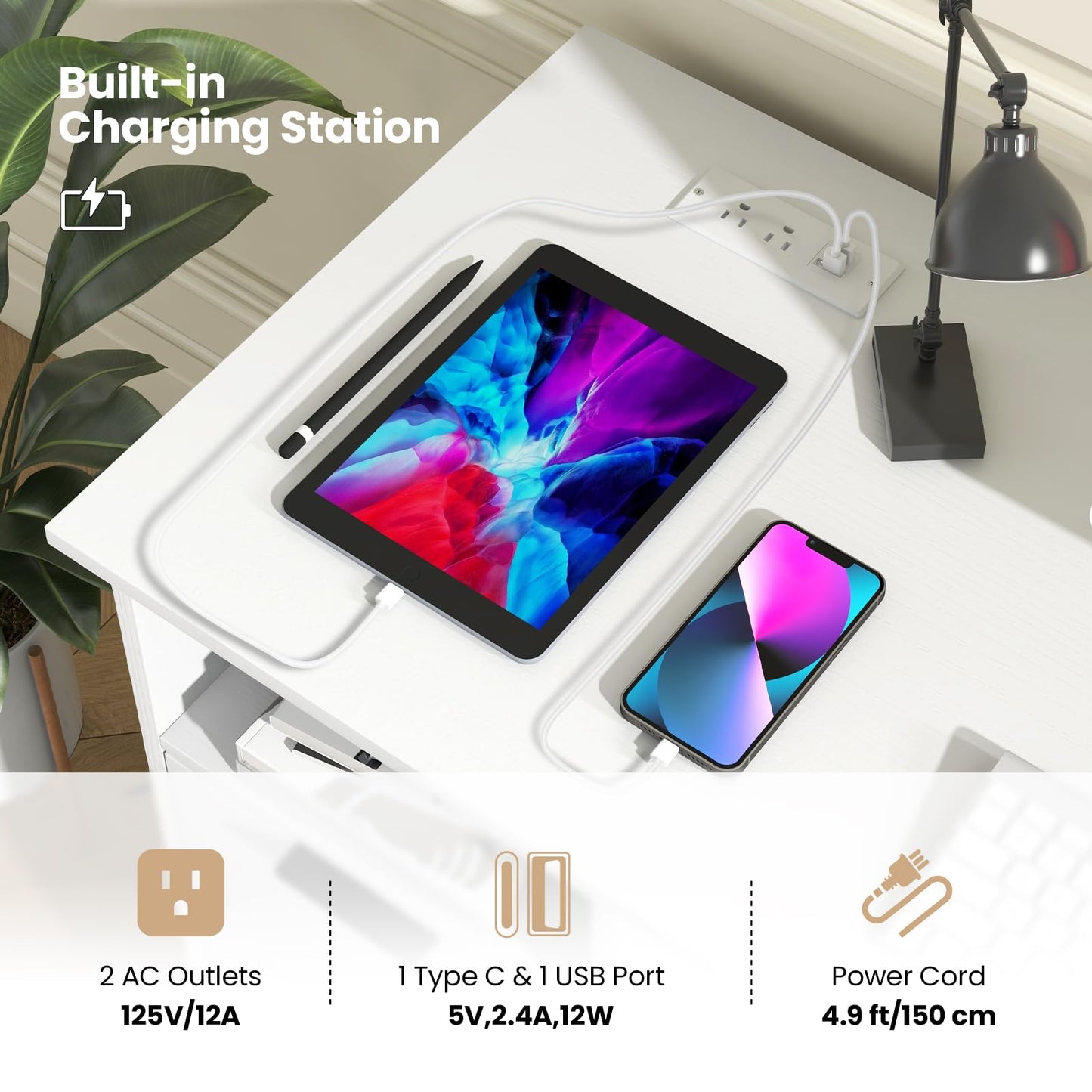Tangkula White Desk with 3 Drawers & Charge Station, Home Office Desk with Open Shelf, Study Writing Desk, PC Desk Computer Workstation, Modern Computer Desk for Bedroom, Study