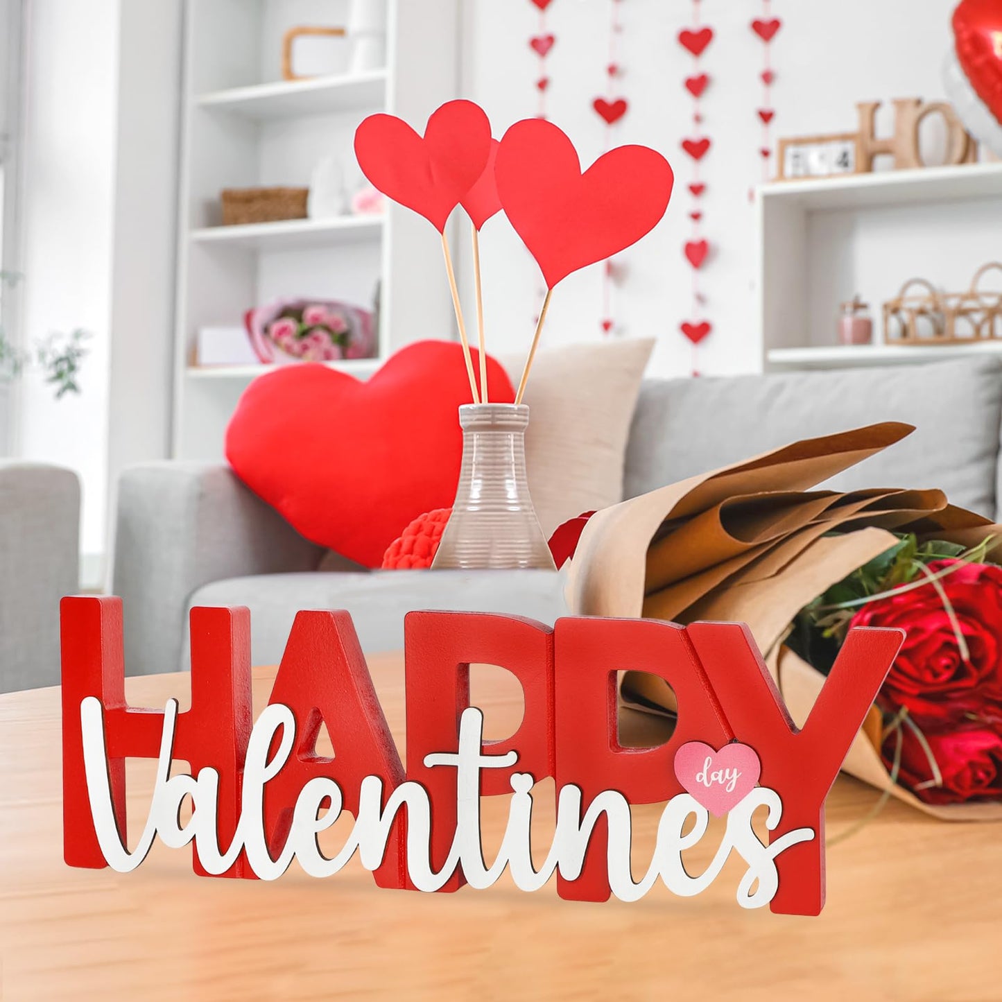 COCHIE Wooden Happy Valentine's Day Sign, Valentine Decorations for Home, Office, Shelf, Mantel, Indoor, Wood Heart Decor, Red Pink Table Top Party Decoration (Valentines)