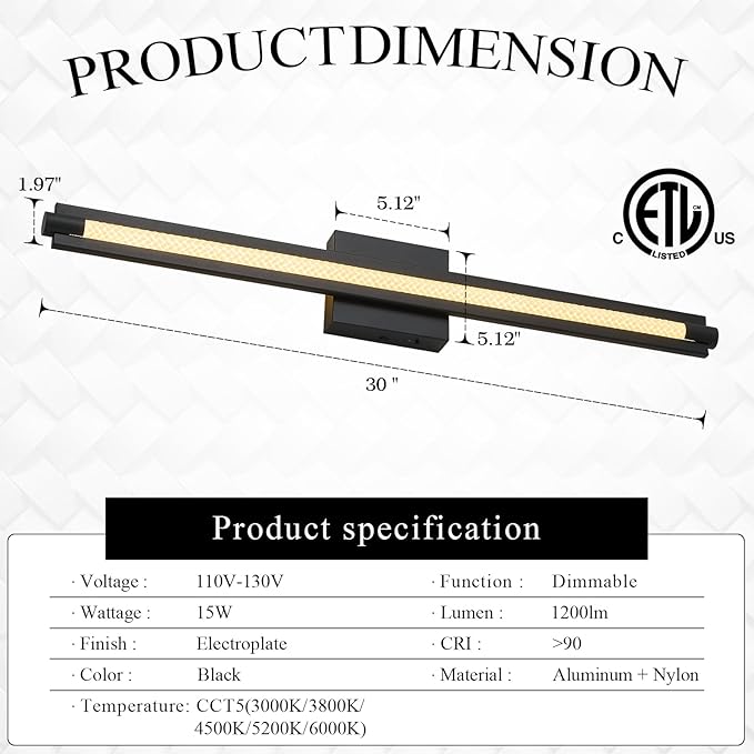 30" Long Vanity Light LED Bar Wall Light Over Bathroom Vanity Mirror Black LED Wall Lamp 5CCT(3000K/3800K/4500K/5200K/6000K) Dimmable Bathroom Wall Mount Lighting
