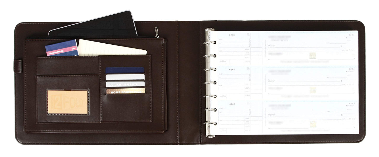 2Fold Business Check Binder 7 Ring for 3-Up Business Size Checks with Extra Business Card Case - PU Leather Deluxe 7 Ring Checkbook Binder Portfolio with 600 Check Capacity and Storage
