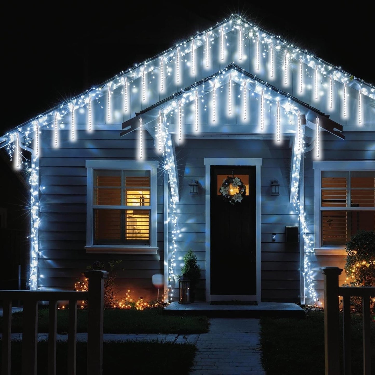 2 Pack Christmas Lights Outdoor, Expandable Meteor Shower Lights with Timer, Waterproof Falling Rain Light with 16 Tubes 384 LED Plug in, Suitable for Garden House Xmas Tree Decorations (Cool White)