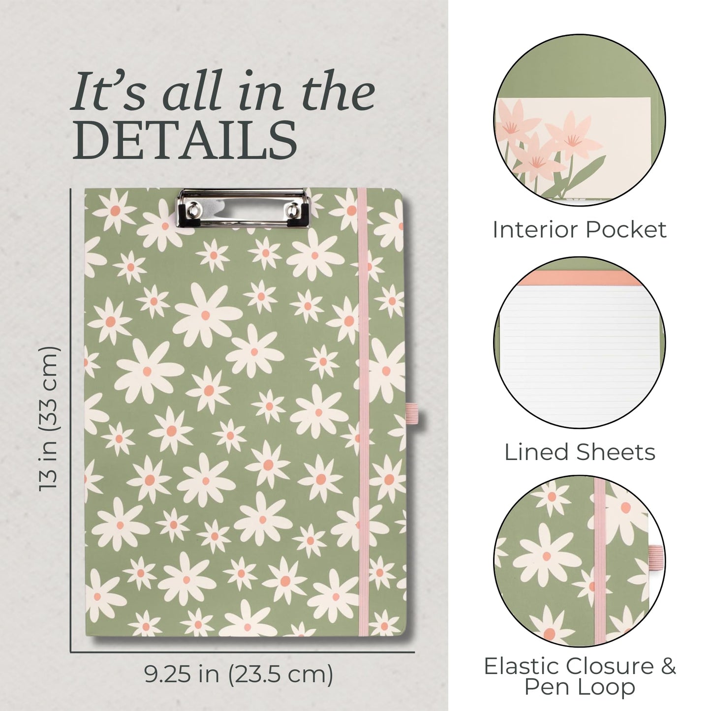 Steel Mill & Co Cute Clipboard Folio with Refillable Lined Notepad and Interior Storage Pocket, Padfolio for Work, Daisy Floral Green