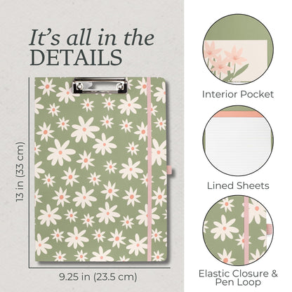 Steel Mill & Co Cute Clipboard Folio with Refillable Lined Notepad and Interior Storage Pocket, Padfolio for Work, Daisy Floral Green