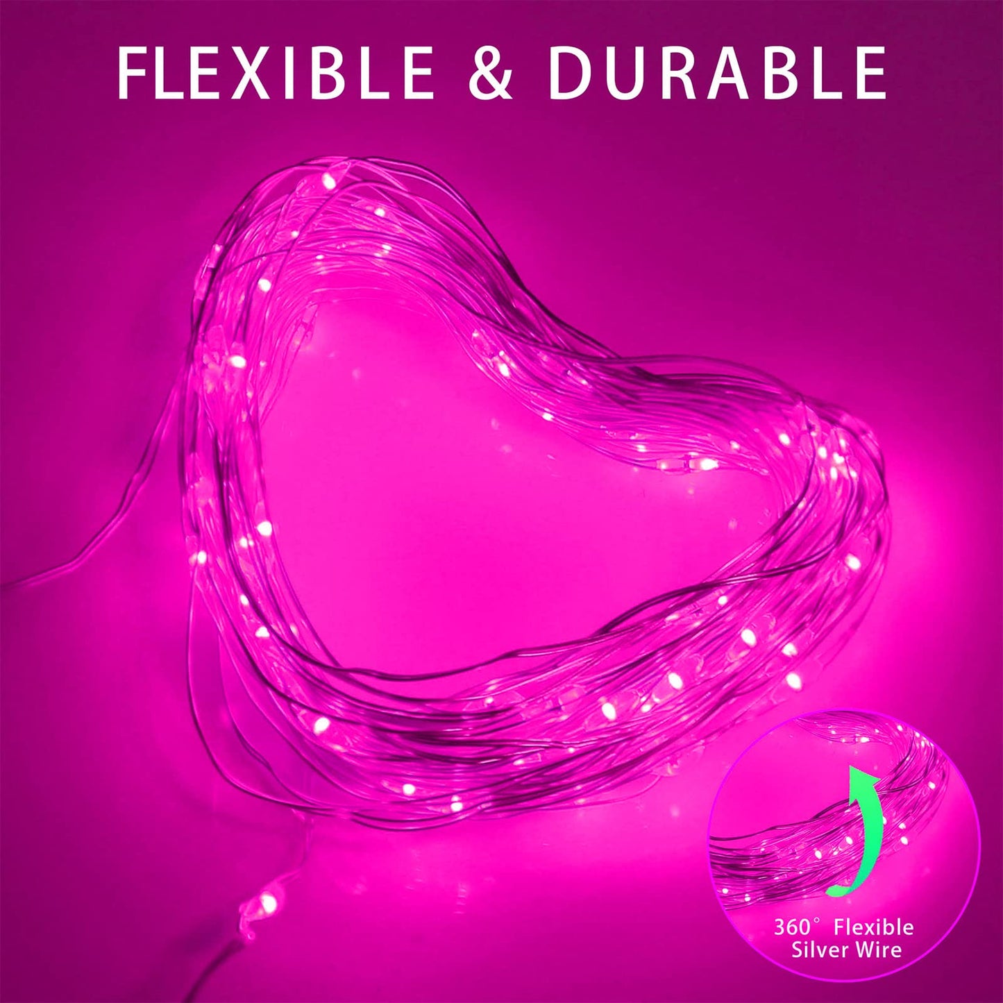 YAOZHOU Solar Christmas String Lights Pink Outdoor Waterproof 100 LED（2 Pack） 8 Modes Copper String Lights Fairy Lights for Valentines Day Garden, Patio, Fence, Balcony, Outdoors(Pink 2pcs