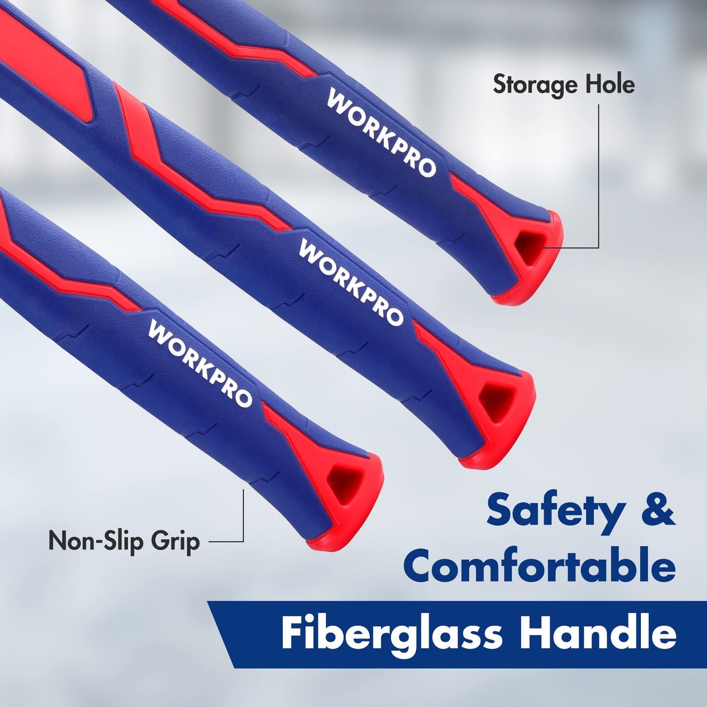 WORKPRO 5-Piece forge/Polish Steel Head, Fiberglass Handle Set - 32oz Rubber Mallet | 16oz Claw & Ball-Peen Hammers | 3lb Sledge | 22oz Double-Faced Mallet