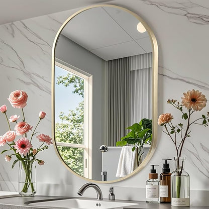 24x36 inch Oval Bathroom Mirror, Gold Vanity Wall Mirror with Brushed Metal Frame, Oval Mirrors for Bathroom, Entryway, Over Sink, Living Room